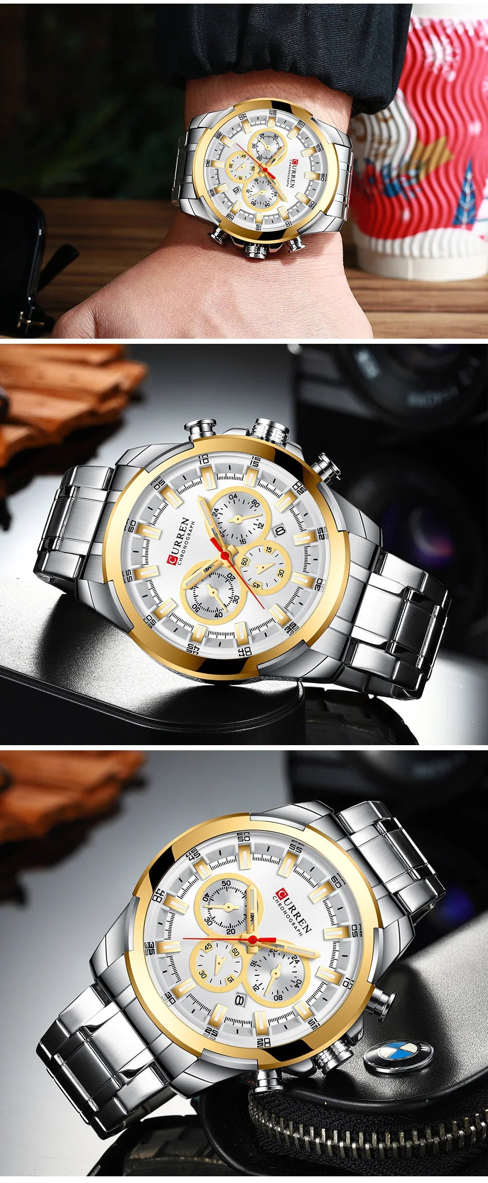 CURREN Men’s Watches Top Brand Big Sport Watch Luxury Men Military Steel Quartz Wrist Watches Chronograph Gold Design Male Clock
