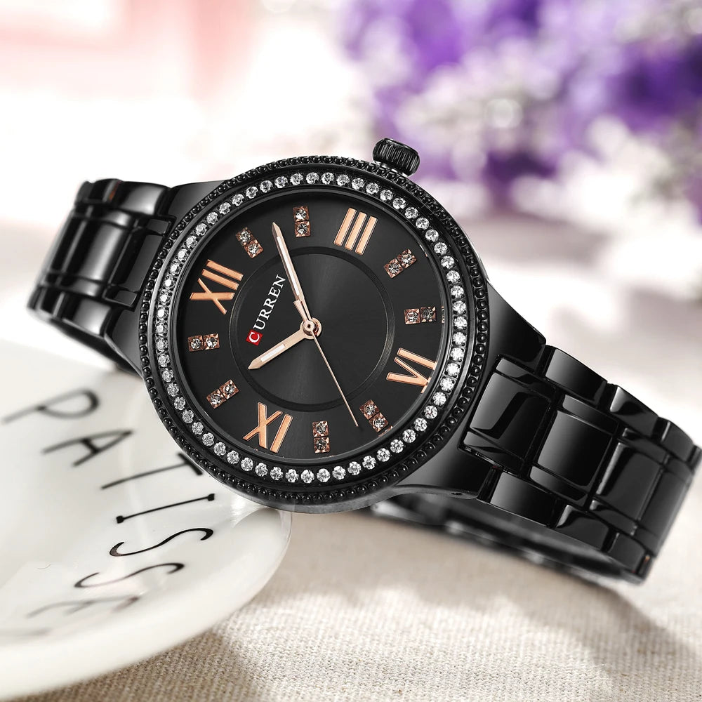 Curren Women Watch Quartz Watch for Female Fashion Ladies Wristwatches Iced Out Dimaond Reloj Mujer Silver Stainless Steel Clock