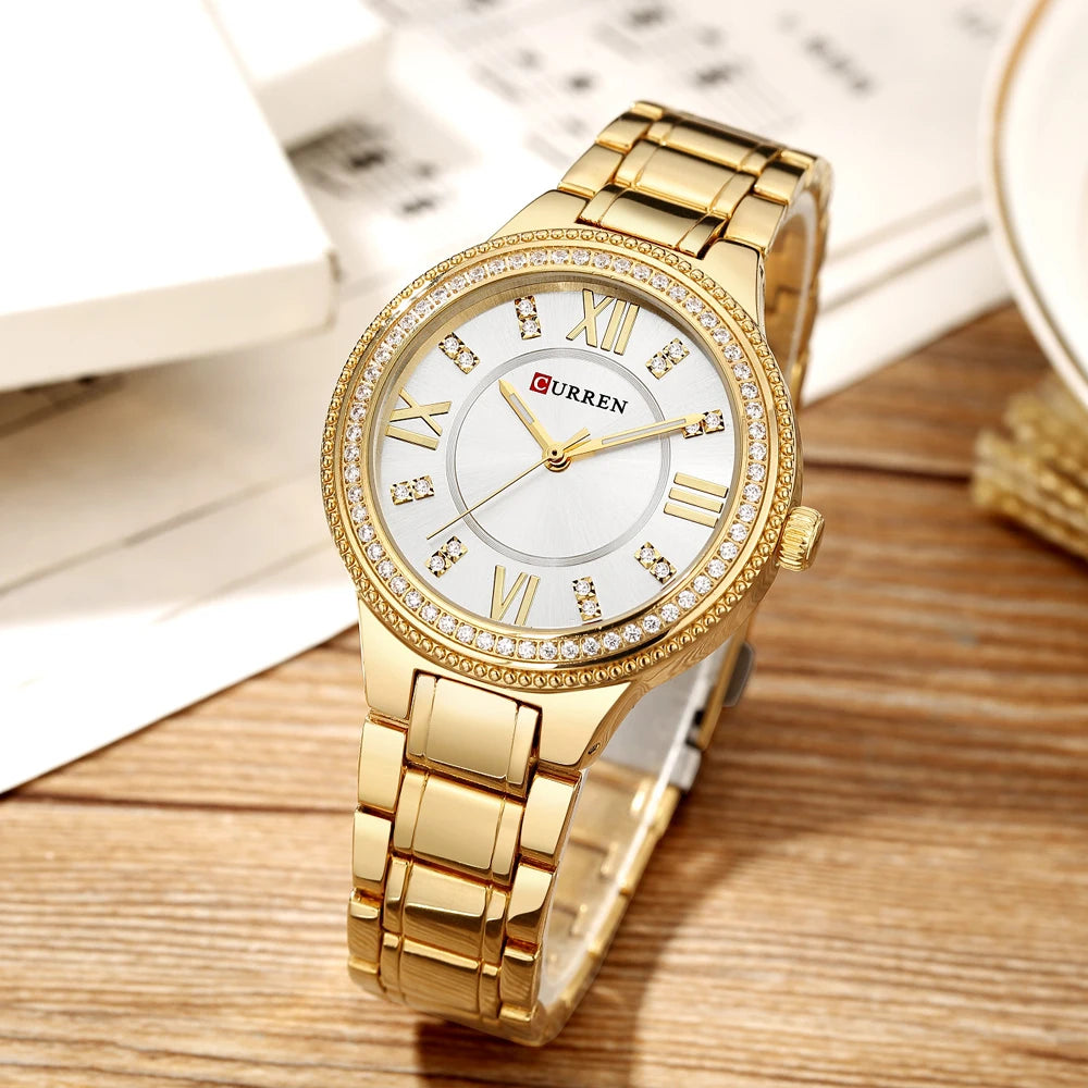 Curren Women Watch Quartz Watch for Female Fashion Ladies Wristwatches Iced Out Dimaond Reloj Mujer Silver Stainless Steel Clock