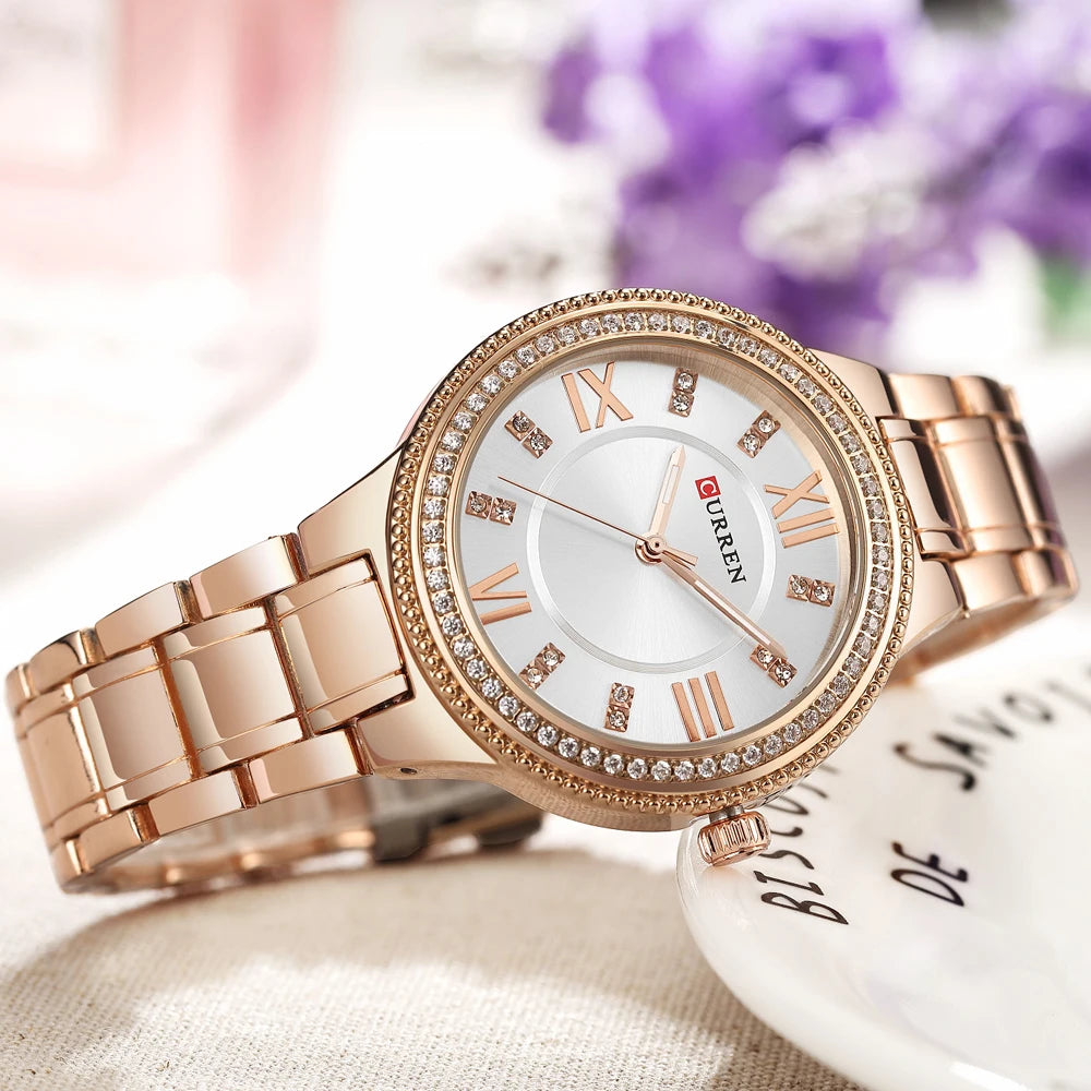 Curren Women Watch Quartz Watch for Female Fashion Ladies Wristwatches Iced Out Dimaond Reloj Mujer Silver Stainless Steel Clock