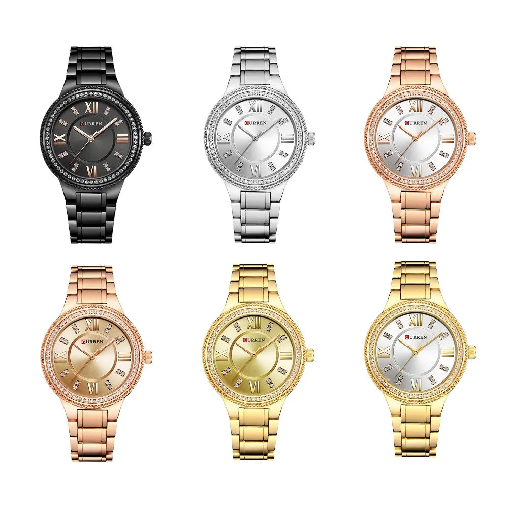 Curren Women Watch Quartz Watch for Female Fashion Ladies Wristwatches Iced Out Dimaond Reloj Mujer Silver Stainless Steel Clock