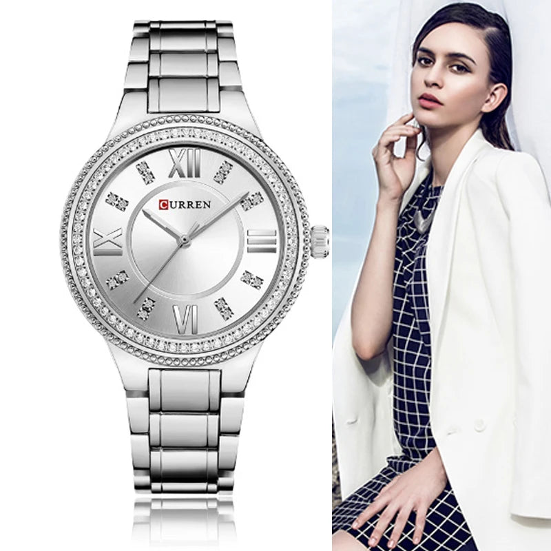 Curren Women Watch Quartz Watch for Female Fashion Ladies Wristwatches Iced Out Dimaond Reloj Mujer Silver Stainless Steel Clock