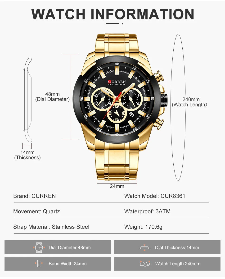 CURREN Men’s Watches Top Brand Big Sport Watch Luxury Men Military Steel Quartz Wrist Watches Chronograph Gold Design Male Clock