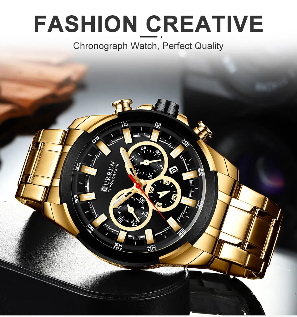 CURREN Men’s Watches Top Brand Big Sport Watch Luxury Men Military Steel Quartz Wrist Watches Chronograph Gold Design Male Clock