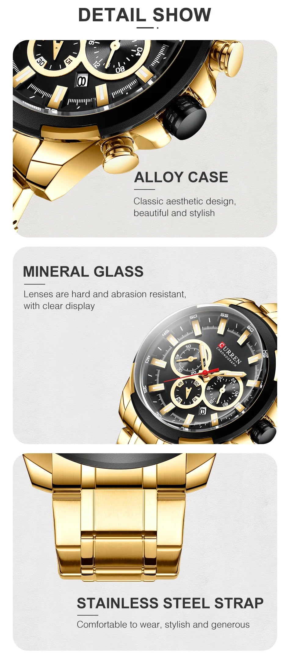 CURREN Men’s Watches Top Brand Big Sport Watch Luxury Men Military Steel Quartz Wrist Watches Chronograph Gold Design Male Clock