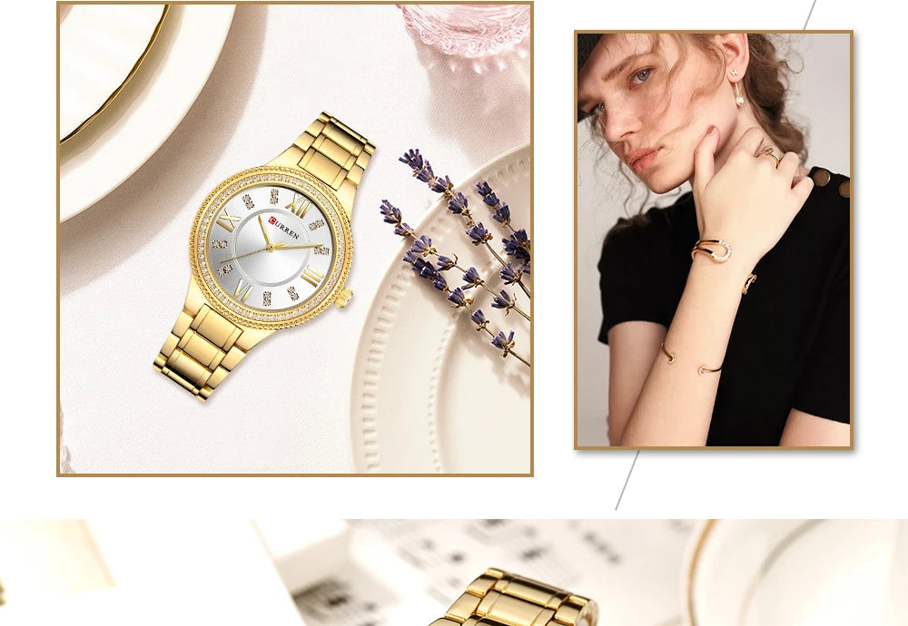 Curren Women Watch Quartz Watch for Female Fashion Ladies Wristwatches Iced Out Dimaond Reloj Mujer Silver Stainless Steel Clock