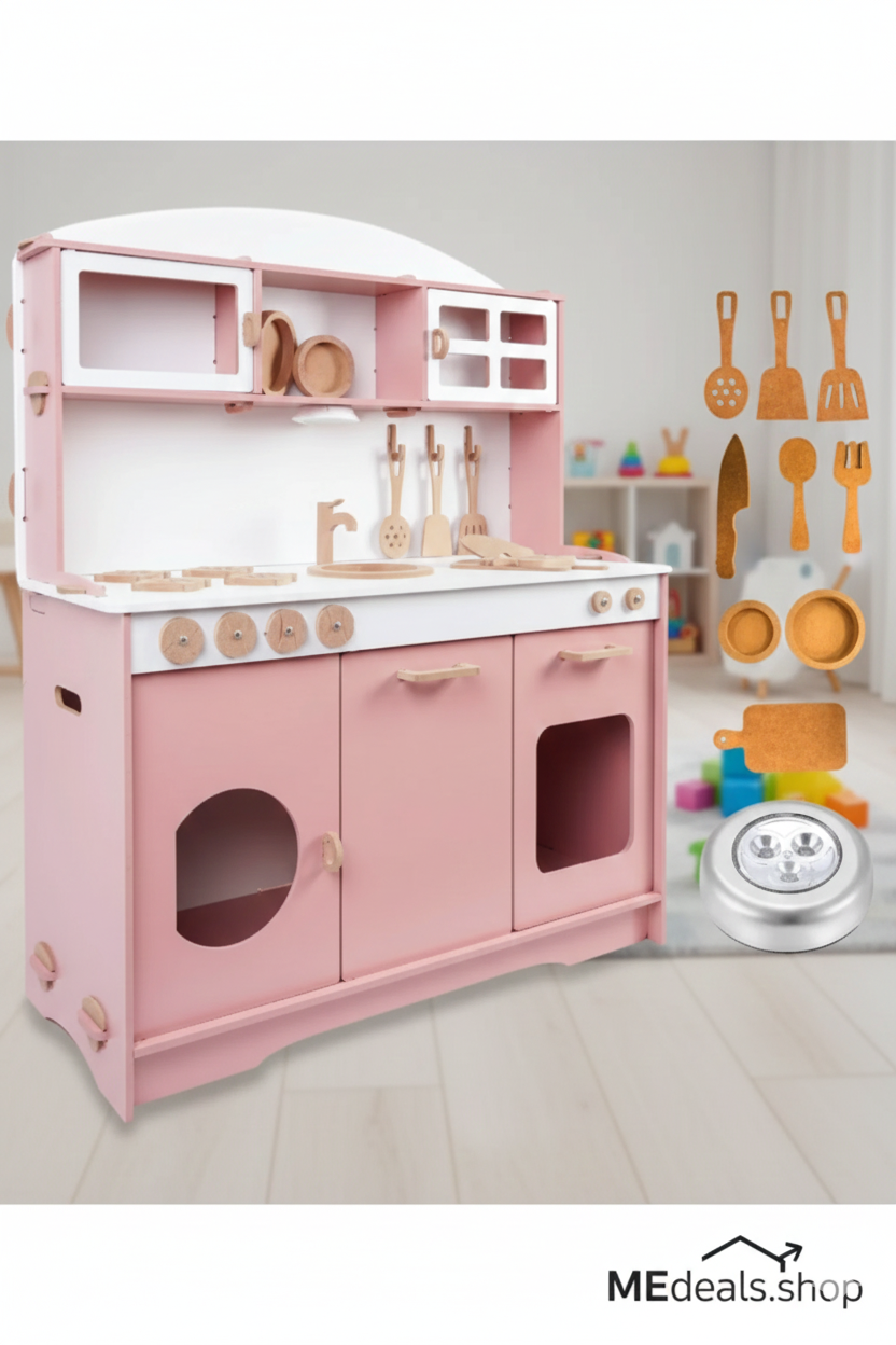 Pink children's play kitchen set with wooden utensils and accessories on a light gray background.