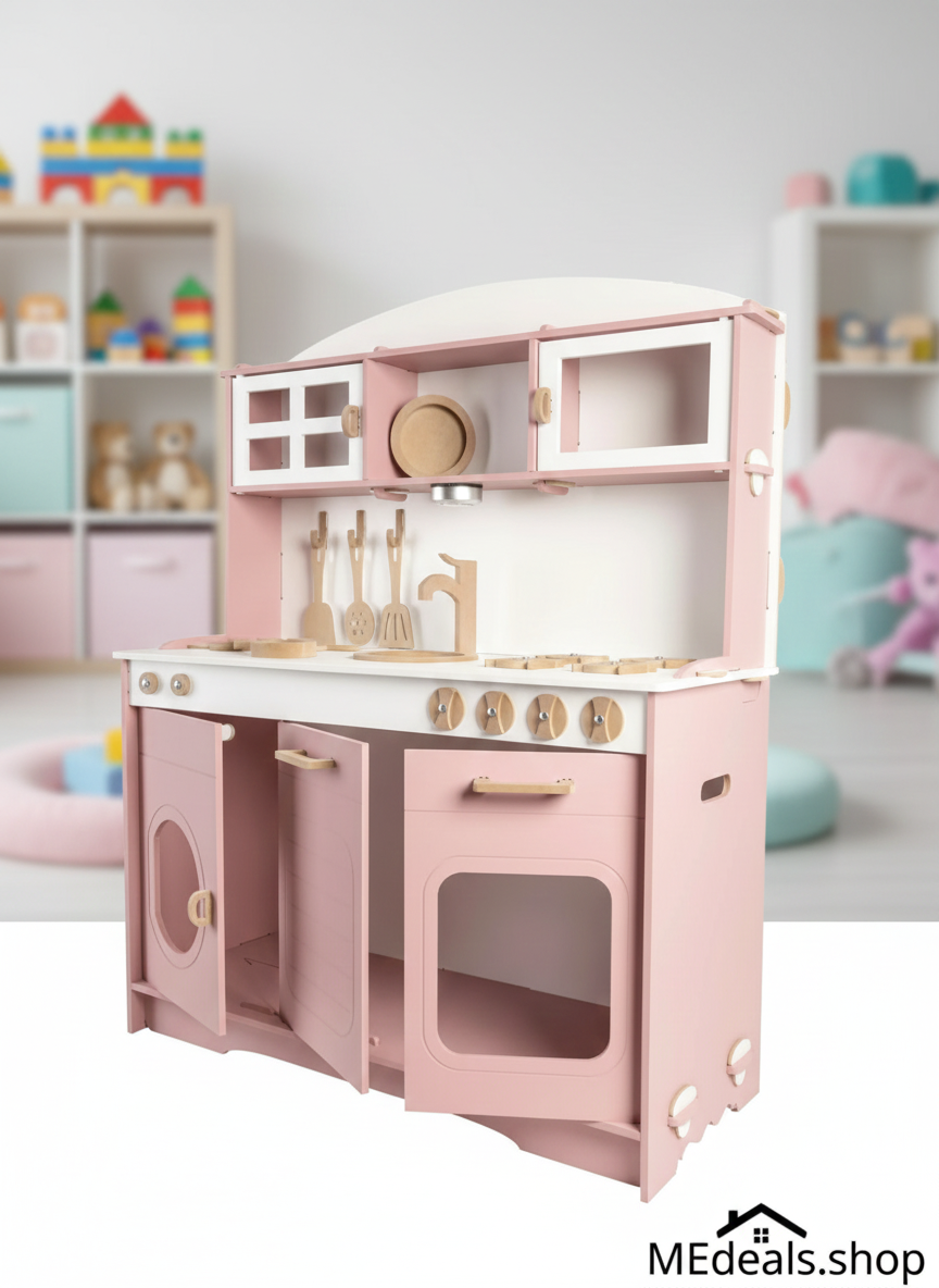Pink and white toy kitchen set in a child's room with shelves in the background.
