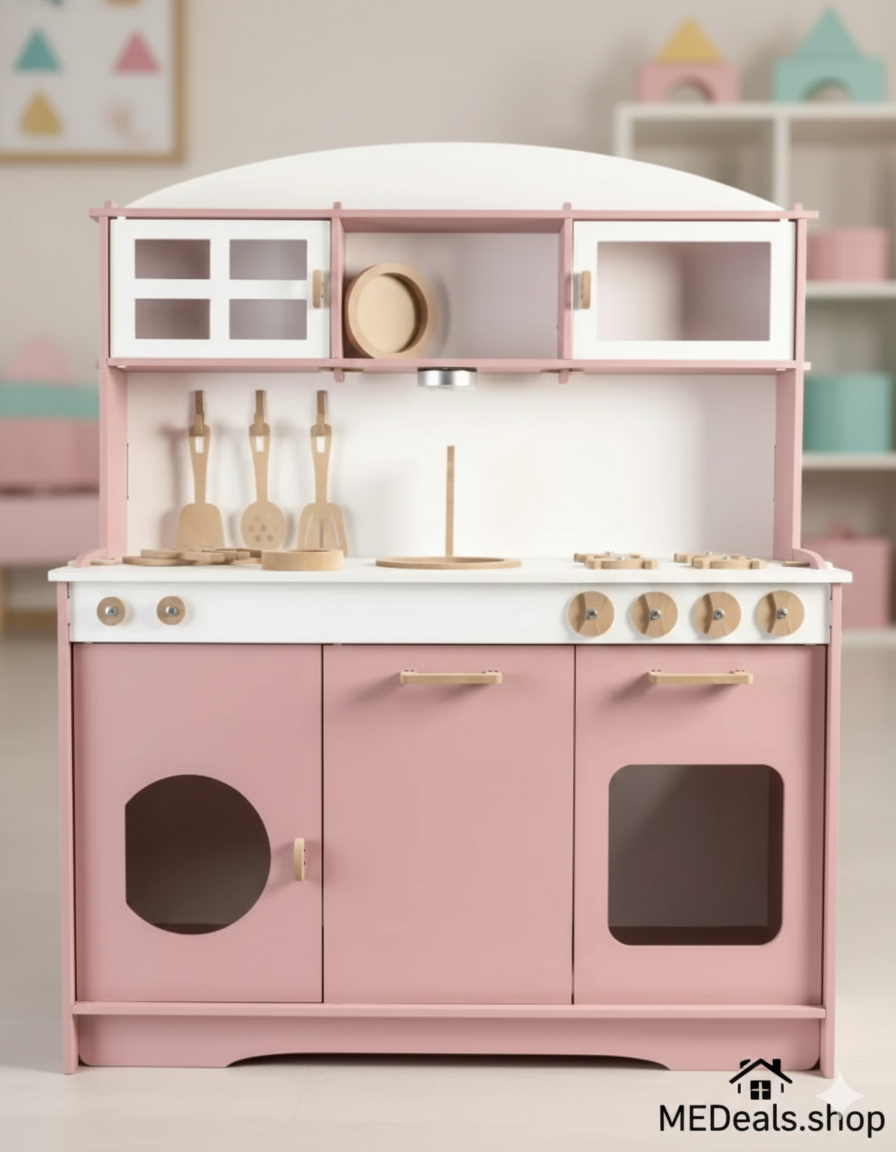 Pink and white children's play kitchen set with toy utensils on a light background