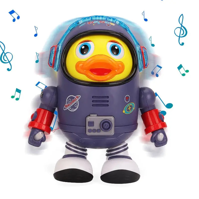 Toy robot duck with headphones and music notes on a white background