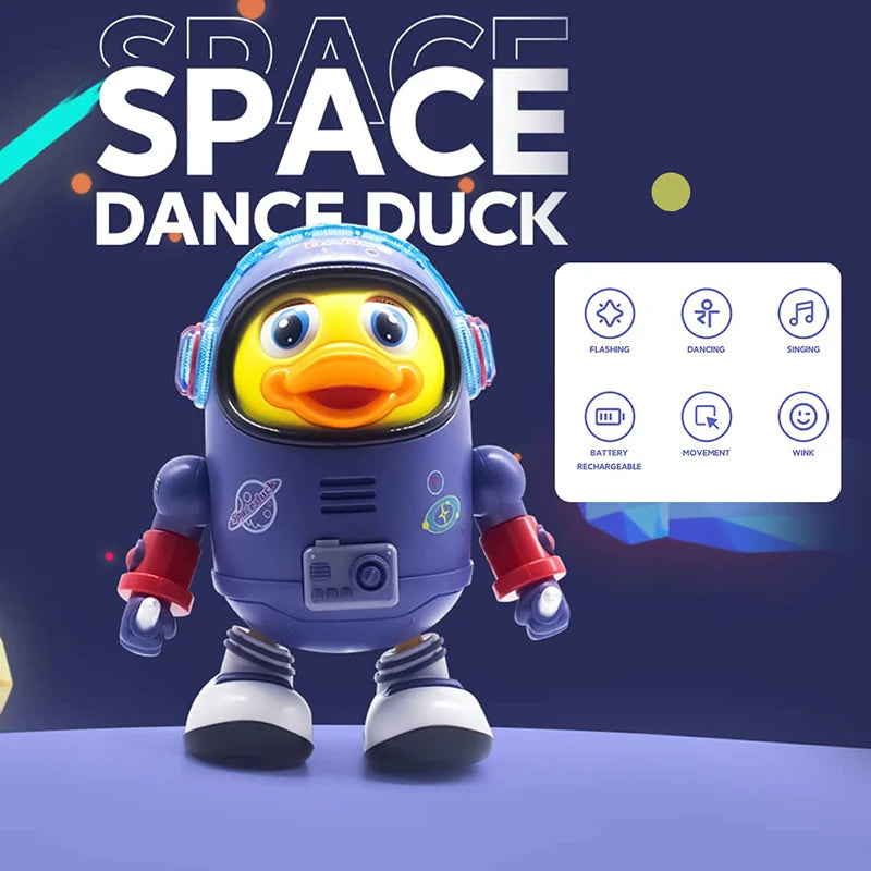 Space Dance Duck toy with astronaut helmet on a dark blue background