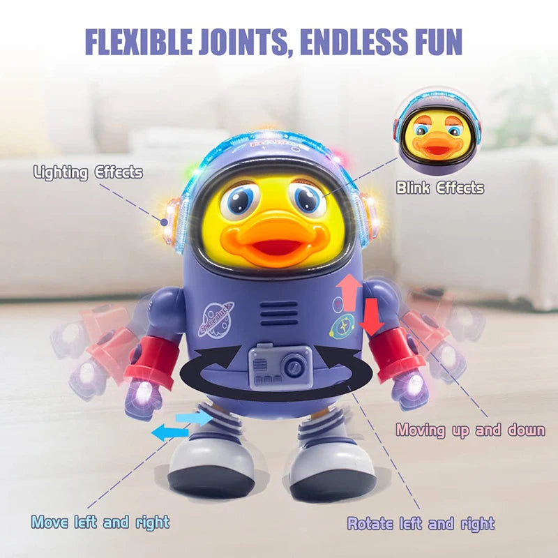 Toy robot duck with astronaut helmet featuring flexible joints and lighting effects on a light background.