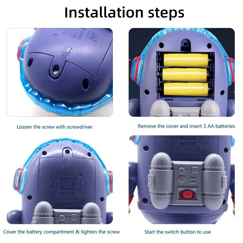 Step-by-step guide on how to install batteries in a toy robot.