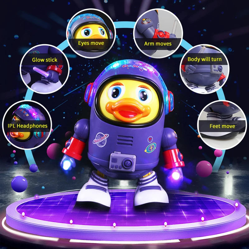Toy robot duck with astronaut helmet on a dark background