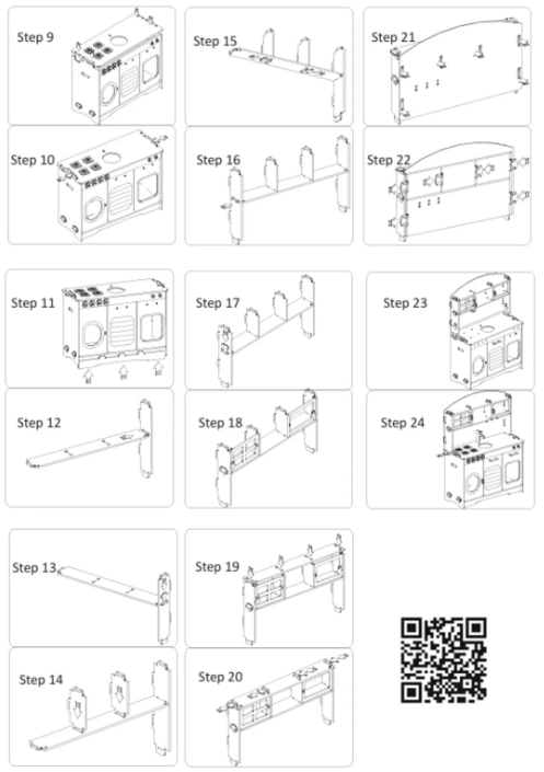 Step-by-step assembly diagram with QR code on a white background