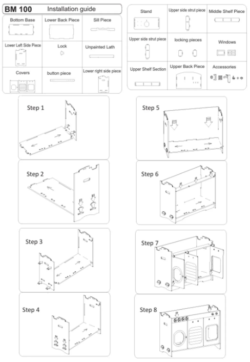 Step-by-step installation guide for a piece of furniture with labeled parts and assembly steps.