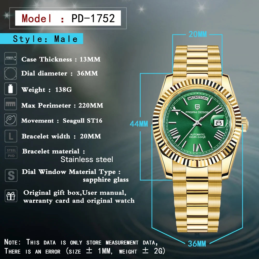 PAGANI DESIGN DD36 Gold Green V2 Men's Mechanical Watches Luxury Automatic Watch For Men 2023 New AR Sapphire glass Wrist watch