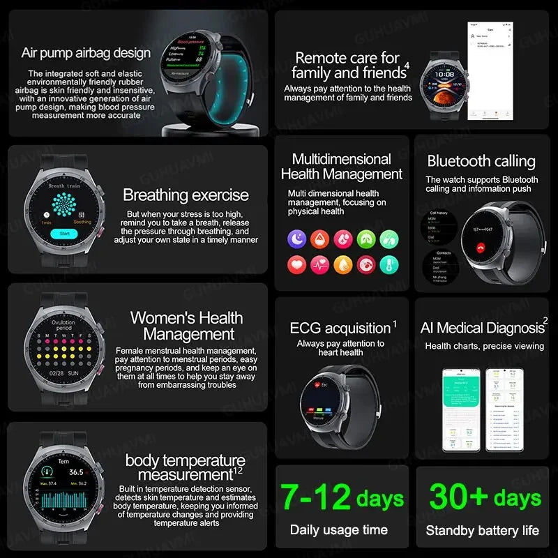 New AI Diagosis ECG Health Smart Watch Men Blood Pressure Lipid Uric Acid NFC Air Pump Airbag Health Smartwatches For men Women