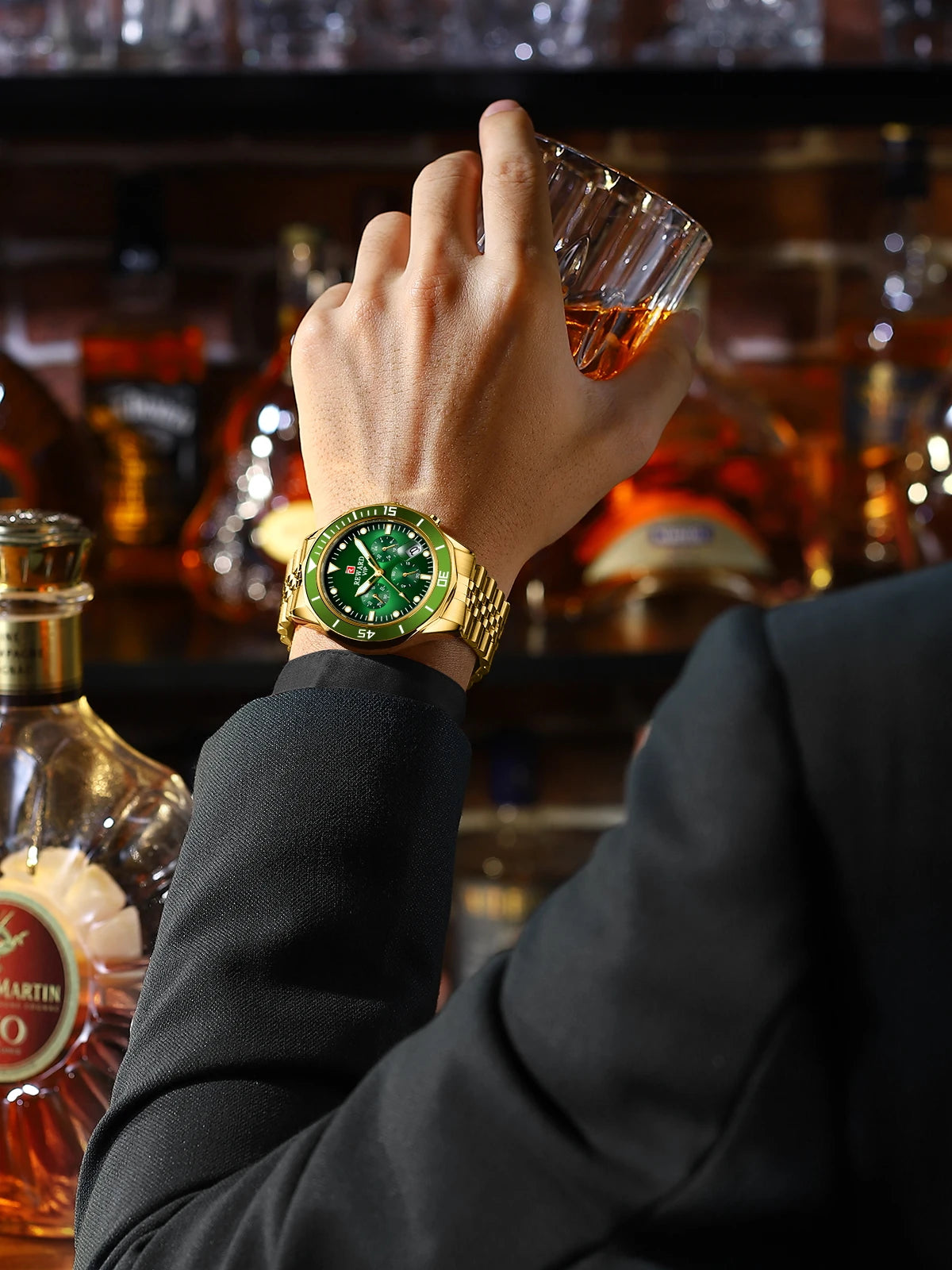 REWARD Gold Green Men's Watches Stainless Steel Band Fashion Business Quartz Watch Relogio Masculino Wristwatch For Men Gift