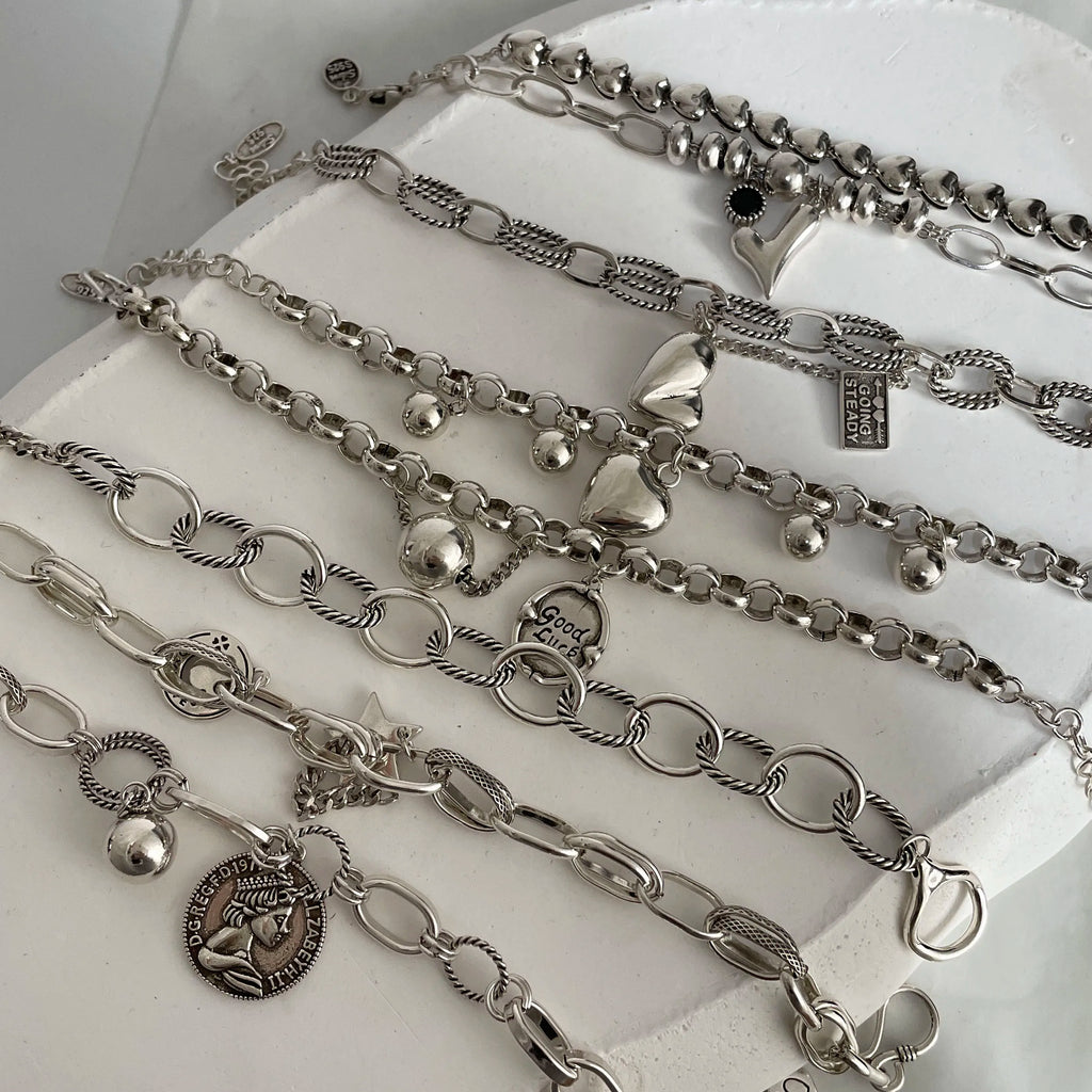 100% Solid 925 Sterling Silver Metal Bracelet for Women Vintage Handmade Simple Retro Heart Chain Bracelet Birthday Gift Party