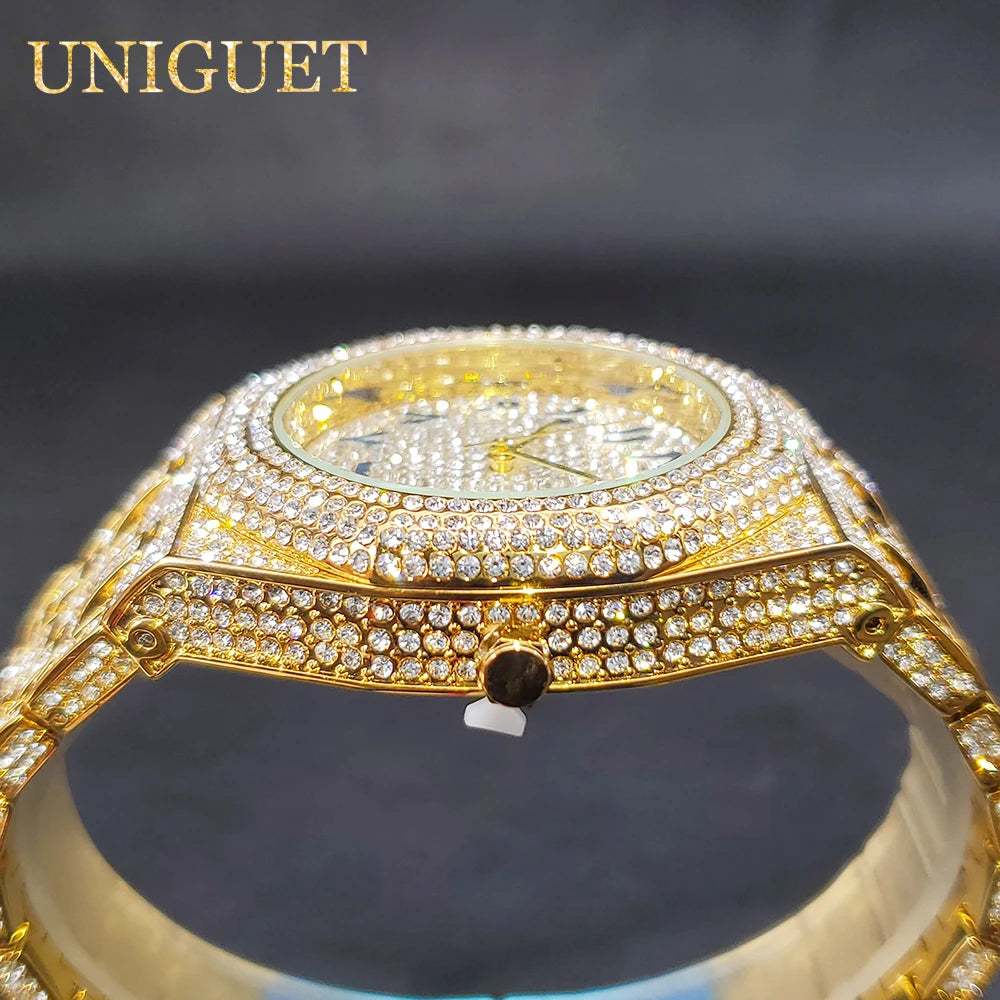 Gold Watch For Men Full Diamond Hip Hop Iced Out Men's Watches Blue Number Calendar Waterproof Octagonal Luxury Wristwatches