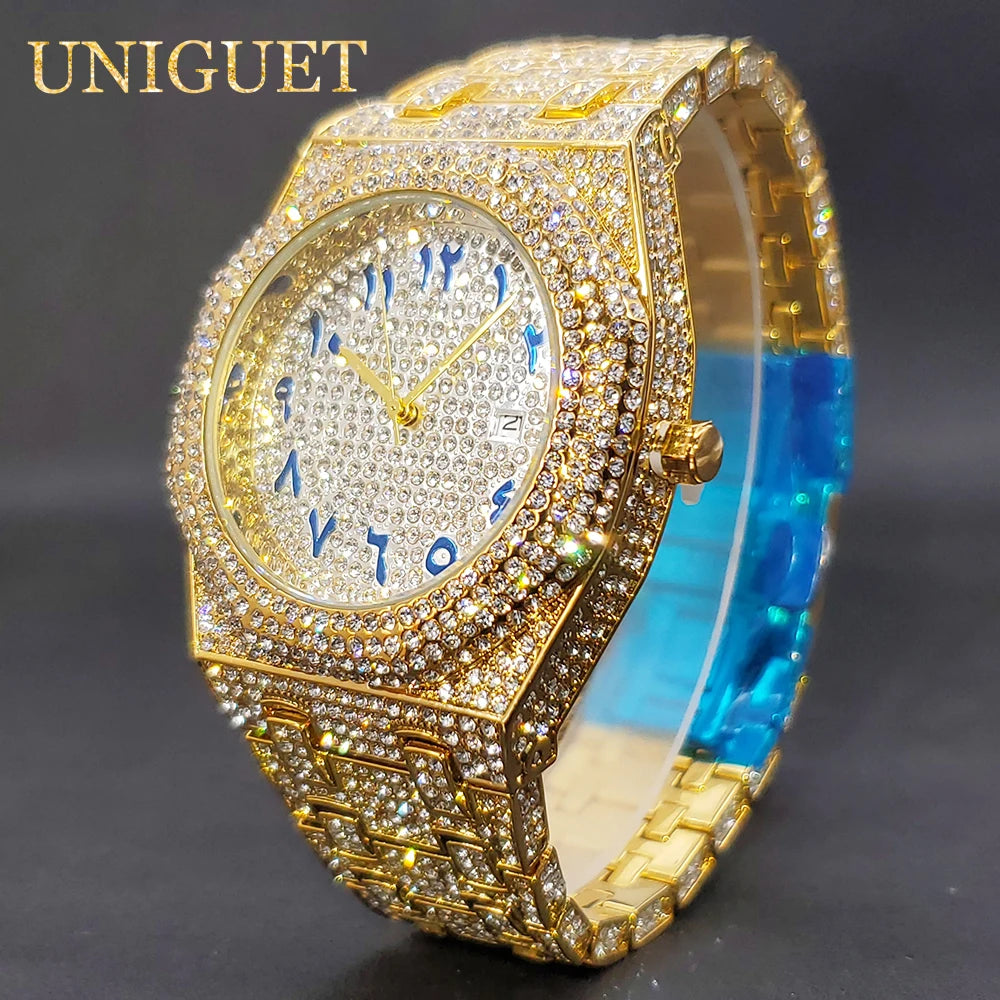Gold Watch For Men Full Diamond Hip Hop Iced Out Men's Watches Blue Number Calendar Waterproof Octagonal Luxury Wristwatches