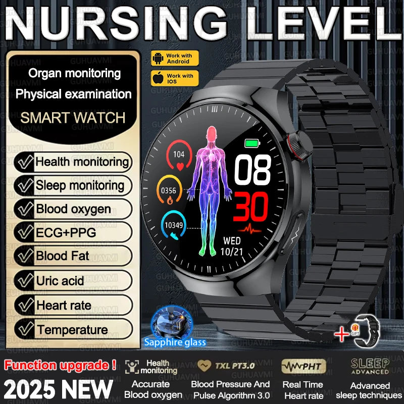2025 New Nursing Grade Smart Watch Accurate Blood pressure Blood fat Uric Acid ECG+PPG HD Bluetooth Call Health Smart watch Men
