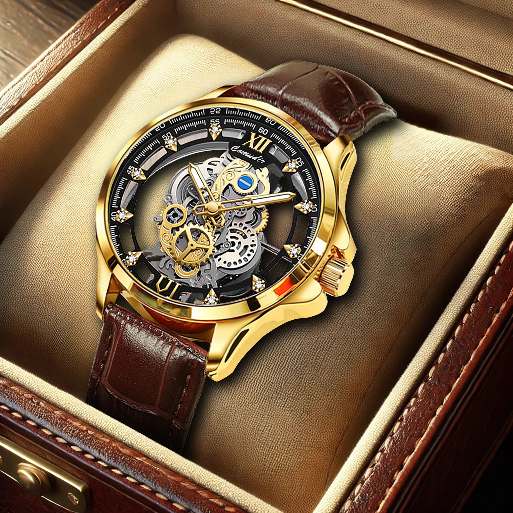 New Men's Watch with Golden Brown Belt, Fashionable and Handsome Style, Gear Hollow Luminous Quartz Watch