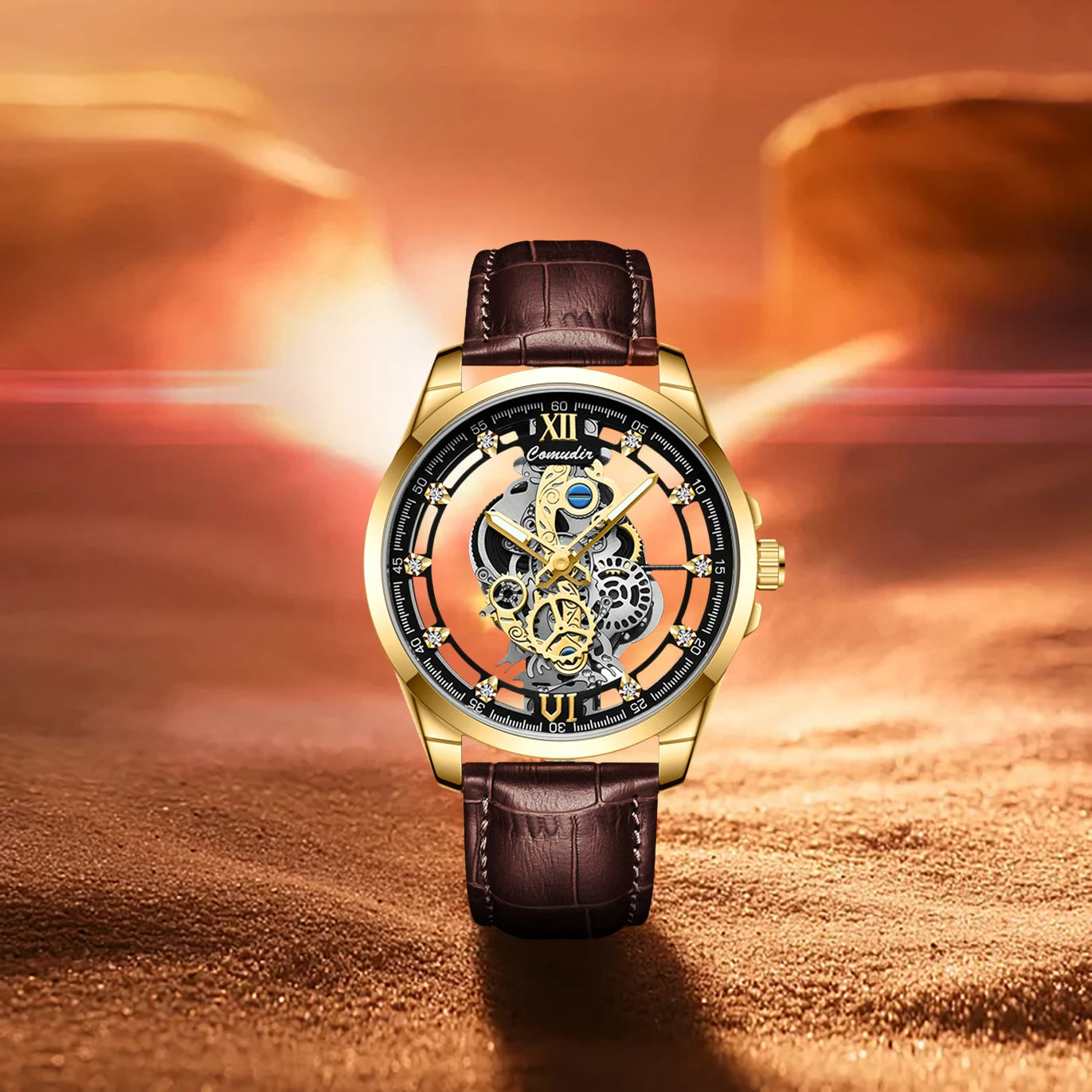 New Men's Watch with Golden Brown Belt, Fashionable and Handsome Style, Gear Hollow Luminous Quartz Watch
