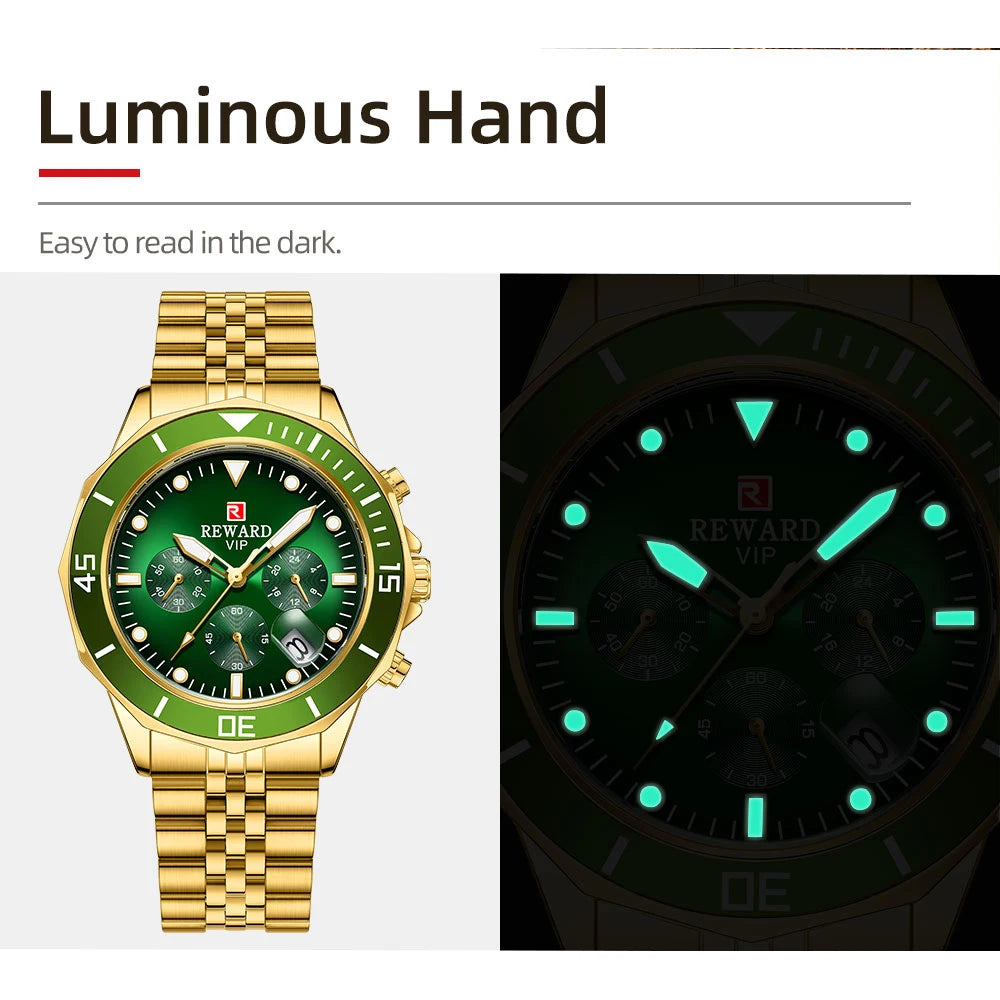 REWARD Gold Green Men's Watches Stainless Steel Band Fashion Business Quartz Watch Relogio Masculino Wristwatch For Men Gift