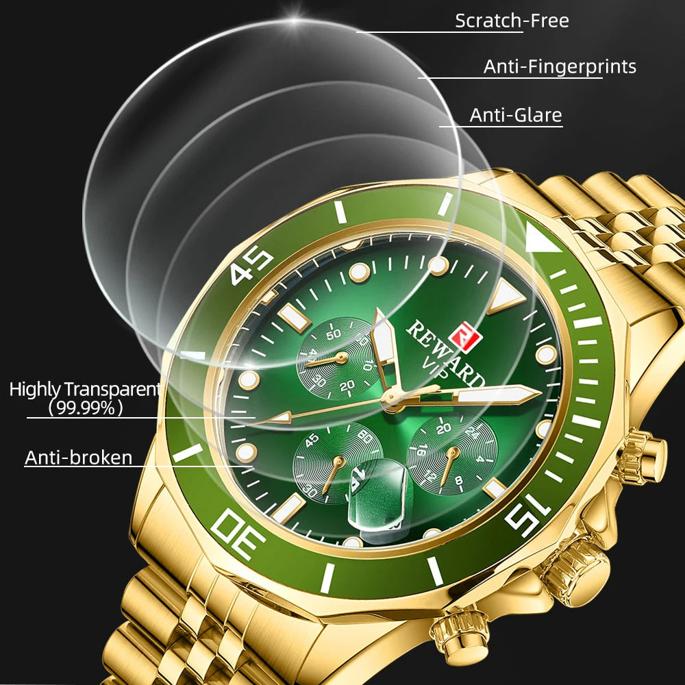 REWARD Gold Green Men's Watches Stainless Steel Band Fashion Business Quartz Watch Relogio Masculino Wristwatch For Men Gift