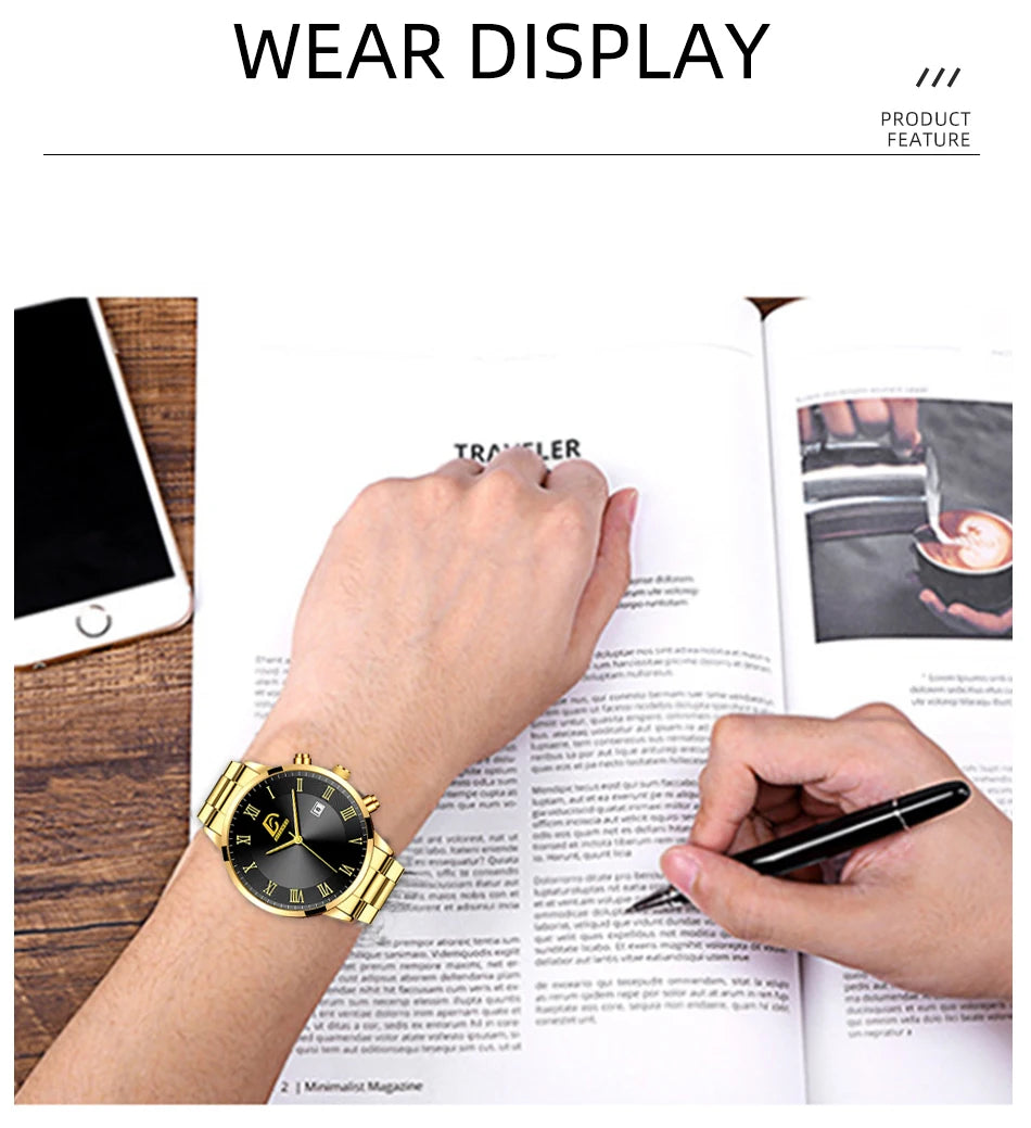 Fashion Mens Gold Watches Luxury Minimalist Quartz Wrist Watch Men Business Casual Calendar Watch Reloj Hombre