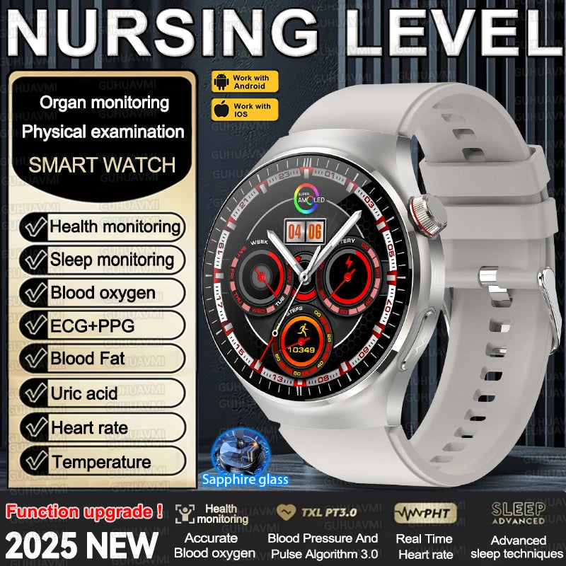 2025 New Nursing Grade Smart Watch Accurate Blood pressure Blood fat Uric Acid ECG+PPG HD Bluetooth Call Health Smart watch Men