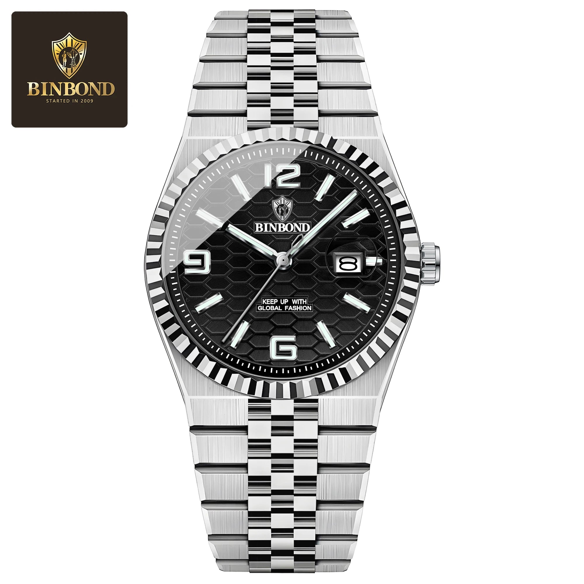 BINBOND Men's Quartz Watch Classic Style Waterproof Luminous Date Display Stainless Steel Wristwatch For Male
