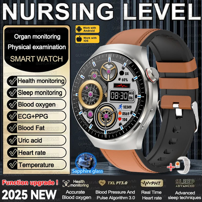 2025 New Nursing Grade Smart Watch Accurate Blood pressure Blood fat Uric Acid ECG+PPG HD Bluetooth Call Health Smart watch Men