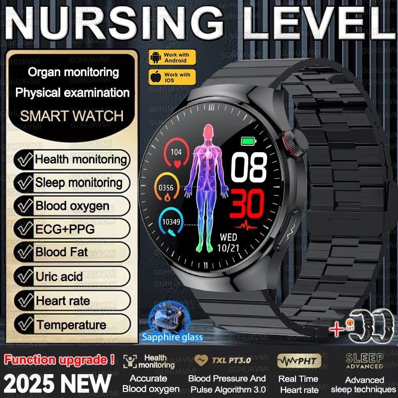 2025 New Nursing Grade Smart Watch Accurate Blood pressure Blood fat Uric Acid ECG+PPG HD Bluetooth Call Health Smart watch Men
