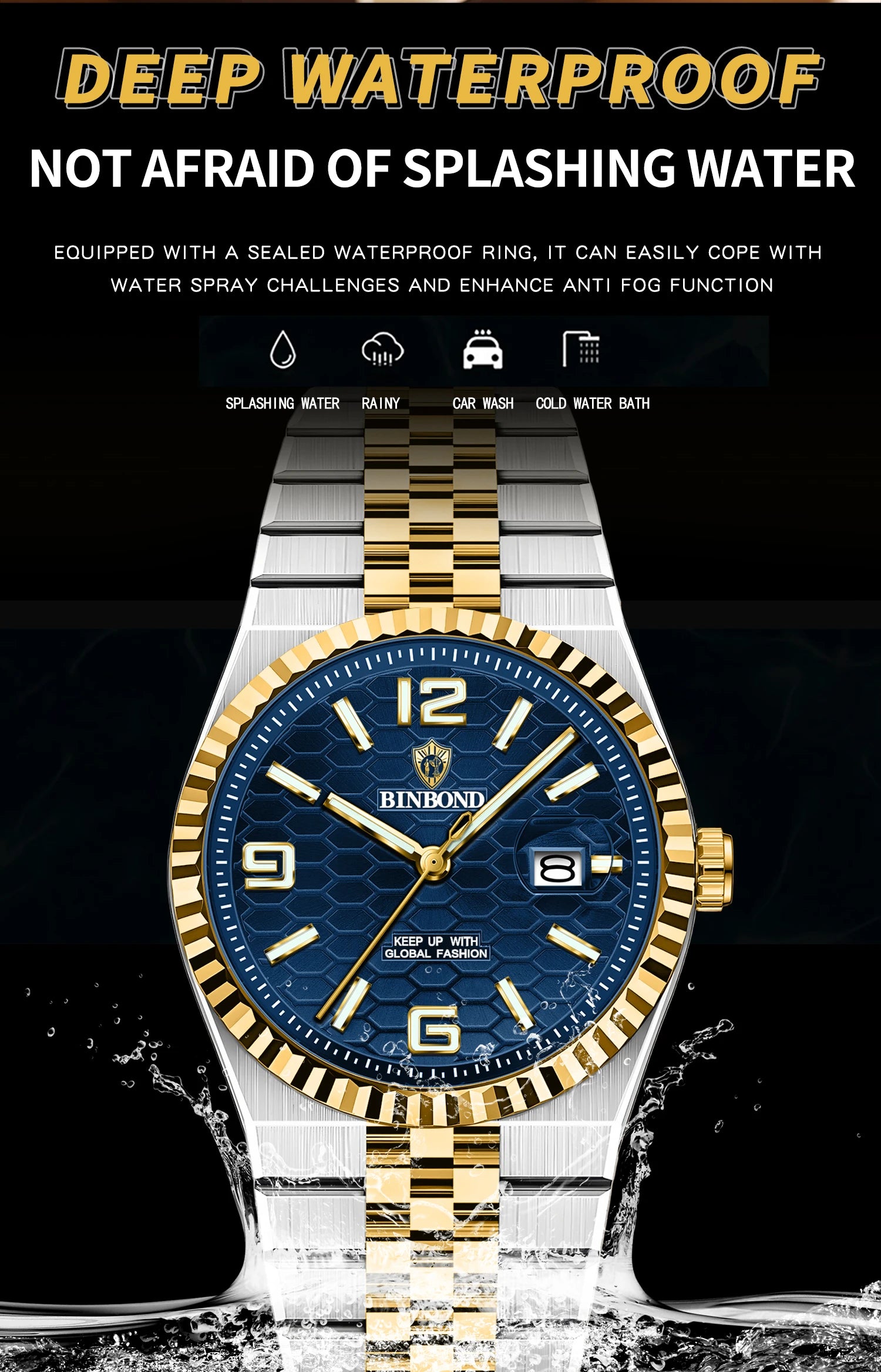 BINBOND Men's Quartz Watch Classic Style Waterproof Luminous Date Display Stainless Steel Wristwatch For Male