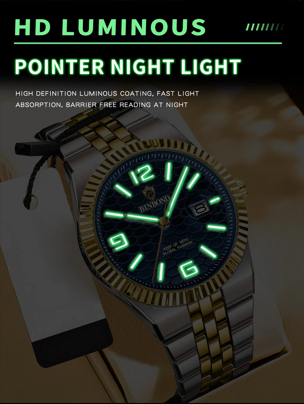 BINBOND Men's Quartz Watch Classic Style Waterproof Luminous Date Display Stainless Steel Wristwatch For Male