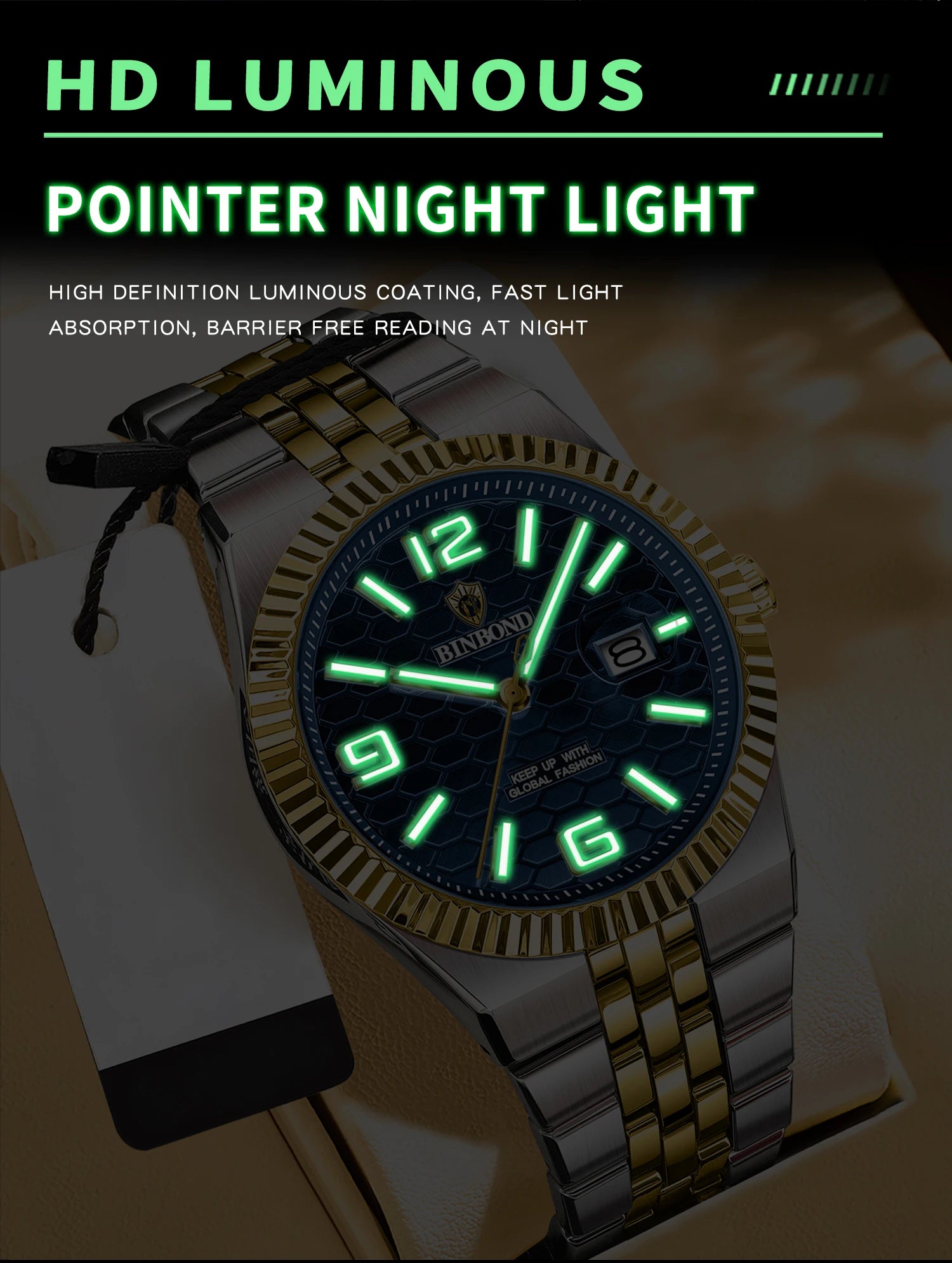 BINBOND Men's Quartz Watch Classic Style Waterproof Luminous Date Display Stainless Steel Wristwatch For Male