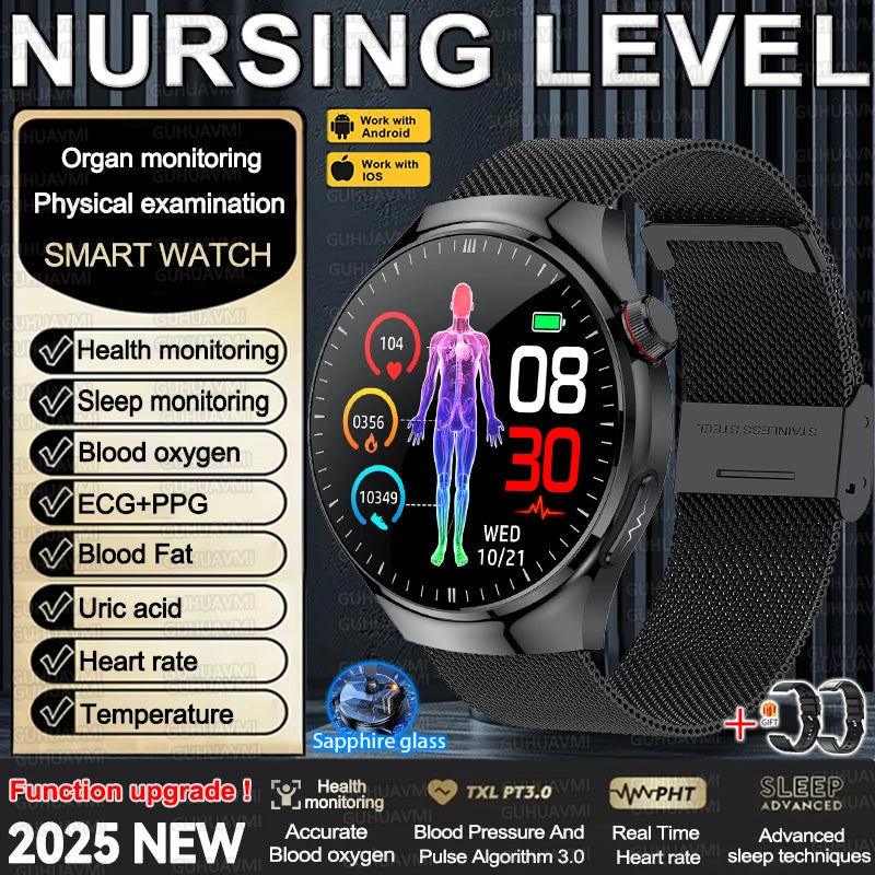 2025 New Nursing Grade Smart Watch Accurate Blood pressure Blood fat Uric Acid ECG+PPG HD Bluetooth Call Health Smart watch Men