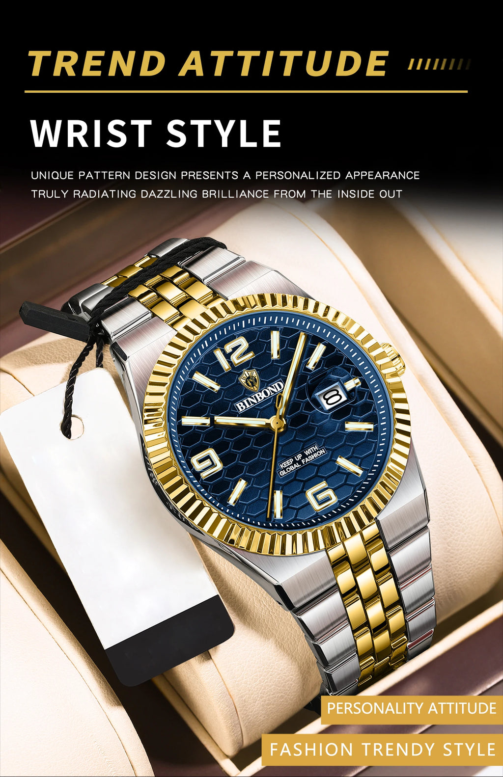 BINBOND Men's Quartz Watch Classic Style Waterproof Luminous Date Display Stainless Steel Wristwatch For Male