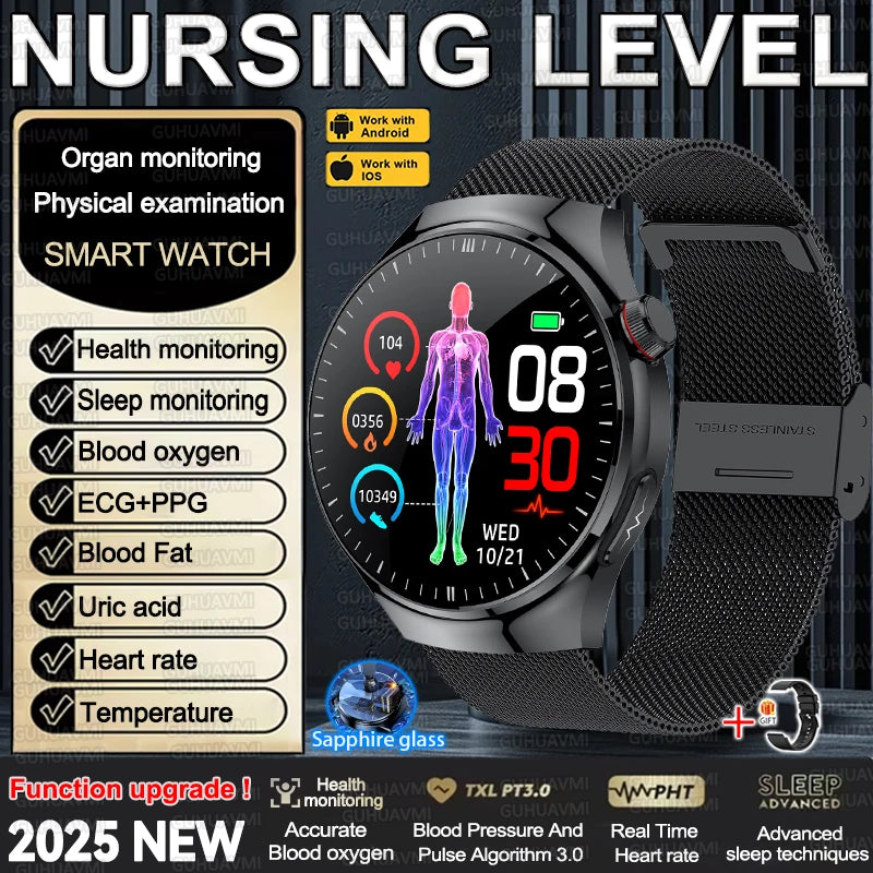 2025 New Nursing Grade Smart Watch Accurate Blood pressure Blood fat Uric Acid ECG+PPG HD Bluetooth Call Health Smart watch Men