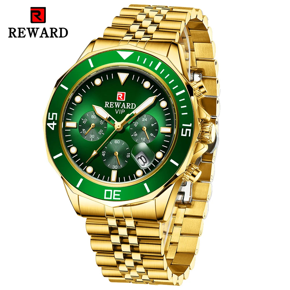 REWARD Gold Green Men's Watches Stainless Steel Band Fashion Business Quartz Watch Relogio Masculino Wristwatch For Men Gift
