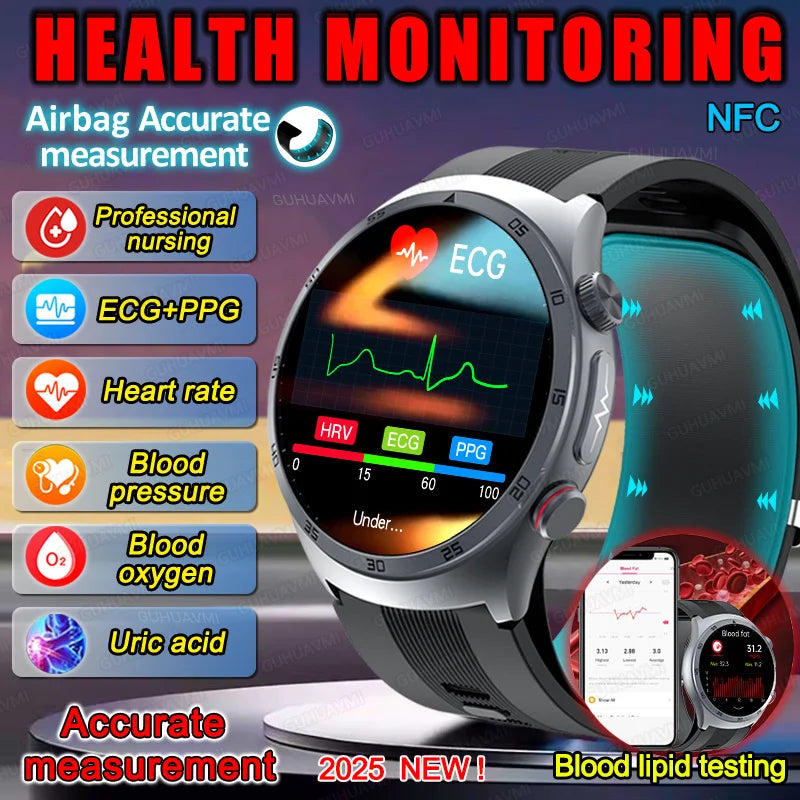 New AI Diagosis ECG Health Smart Watch Men Blood Pressure Lipid Uric Acid NFC Air Pump Airbag Health Smartwatches For men Women