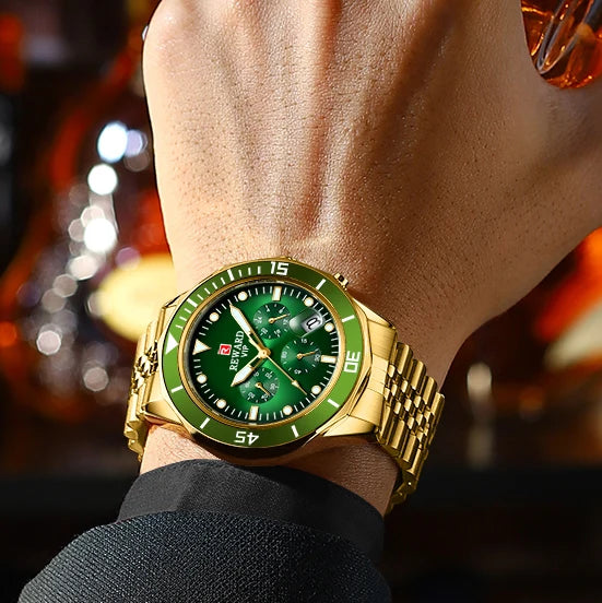 REWARD Gold Green Men's Watches Stainless Steel Band Fashion Business Quartz Watch Relogio Masculino Wristwatch For Men Gift