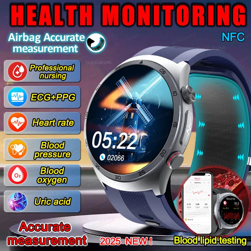 New AI Diagosis ECG Health Smart Watch Men Blood Pressure Lipid Uric Acid NFC Air Pump Airbag Health Smartwatches For men Women