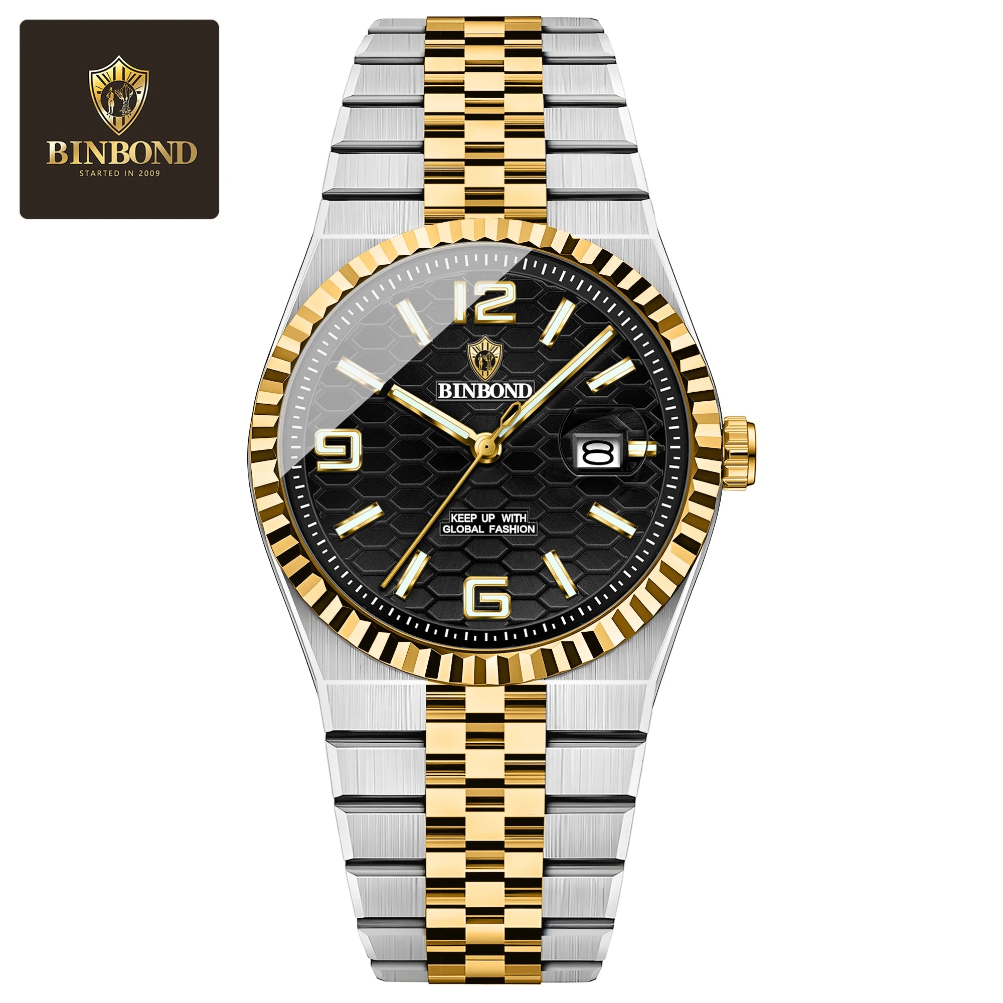 BINBOND Men's Quartz Watch Classic Style Waterproof Luminous Date Display Stainless Steel Wristwatch For Male