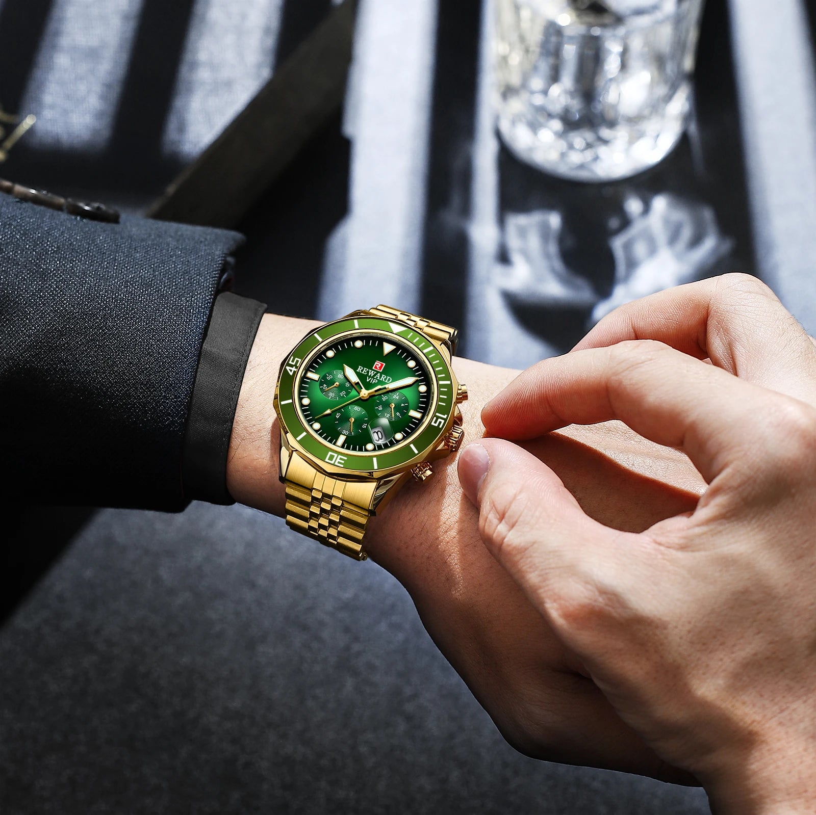REWARD Gold Green Men's Watches Stainless Steel Band Fashion Business Quartz Watch Relogio Masculino Wristwatch For Men Gift
