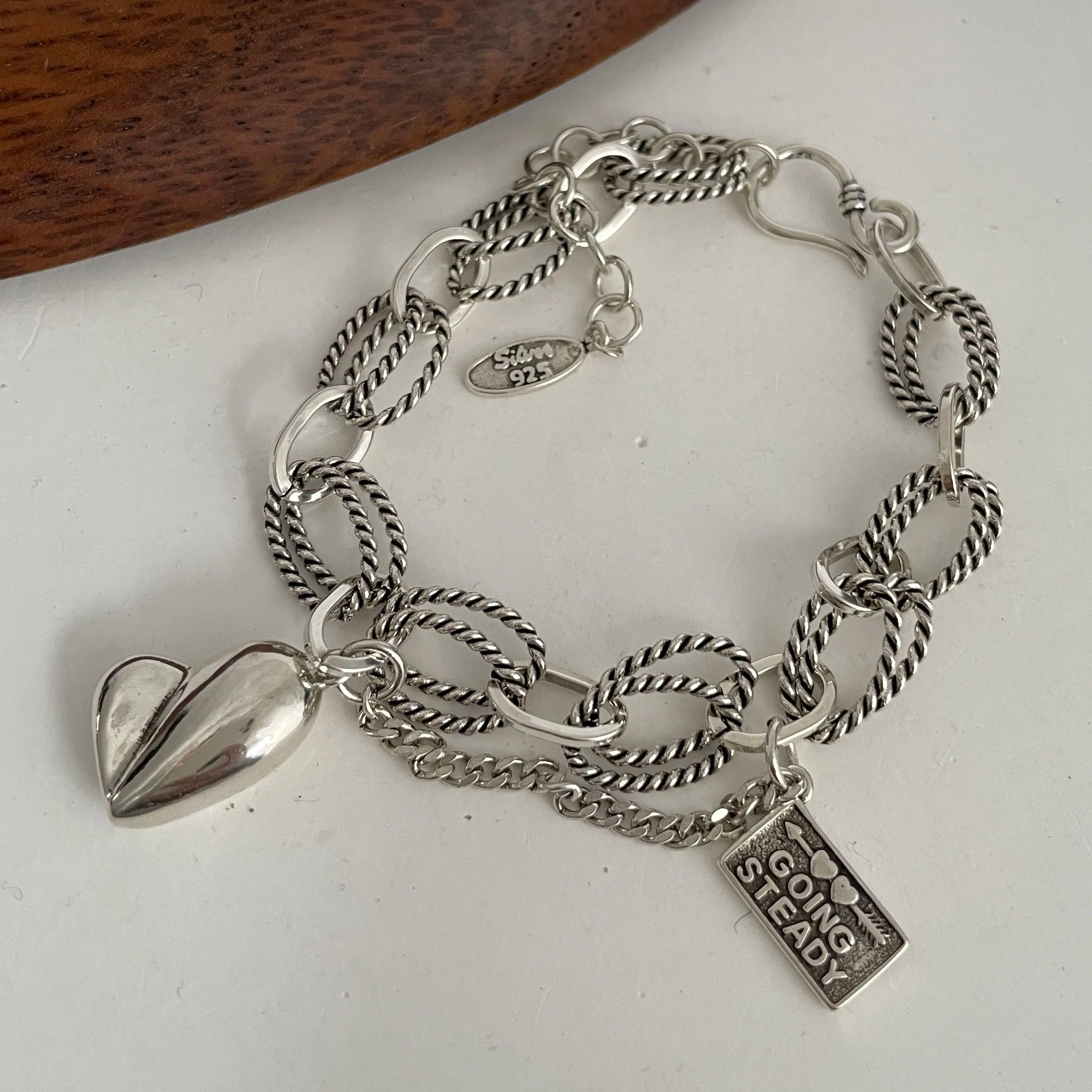 100% Solid 925 Sterling Silver Metal Bracelet for Women Vintage Handmade Simple Retro Heart Chain Bracelet Birthday Gift Party