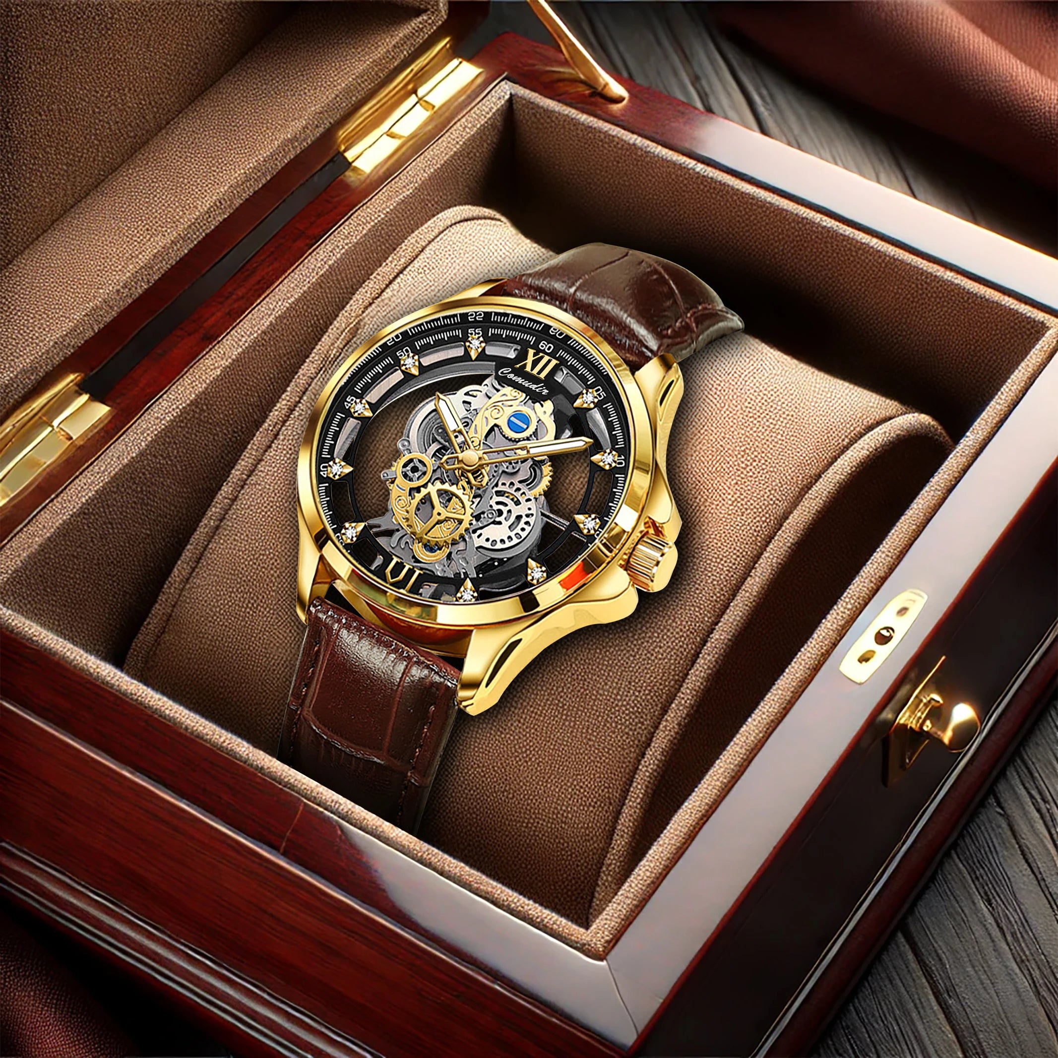 New Men's Watch with Golden Brown Belt, Fashionable and Handsome Style, Gear Hollow Luminous Quartz Watch